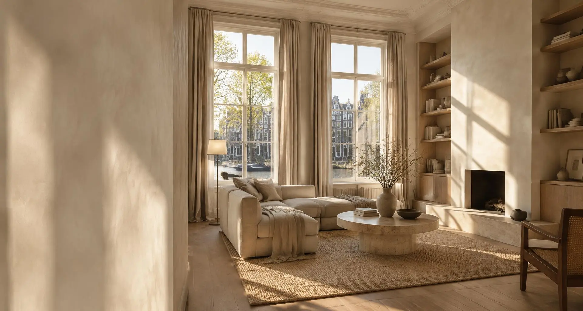 Strak stucwerk door Stukadoor der Nederlanden Strak gestuukte kalkwitte wand in een lichte woonkamer